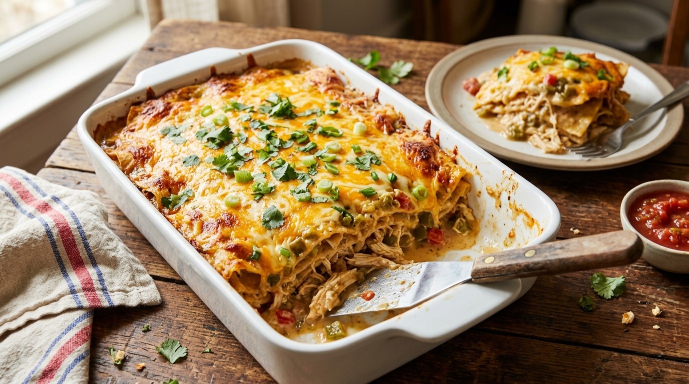 Cheesy King Ranch chicken casserole with tortillas, green chiles and cilantro