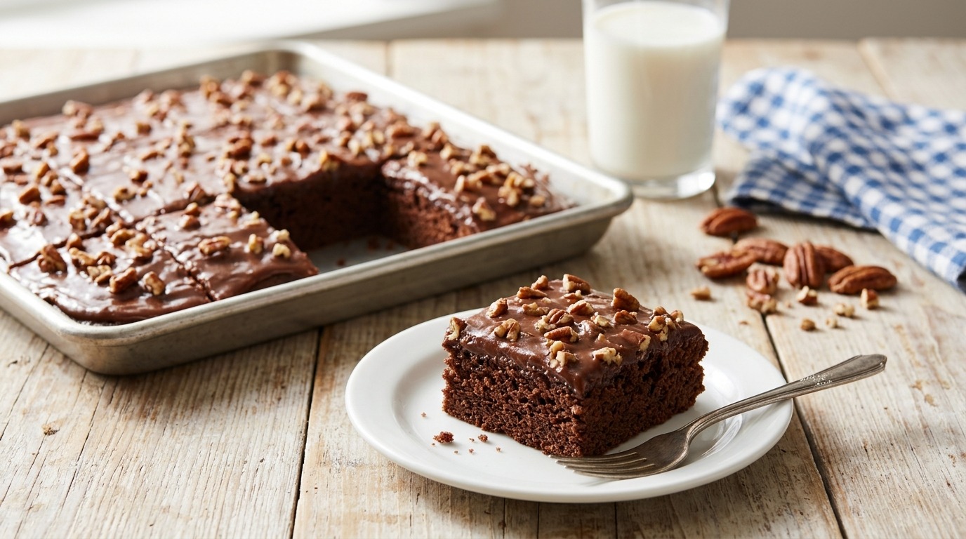 Willie Nelson comfort food dessert of Texas sheet cake with pecan chocolate frosting