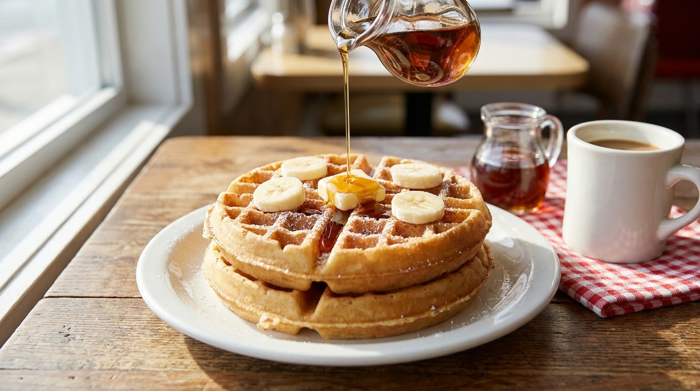 Willie Nelson comfort food stack of golden waffles with banana slices and syrup