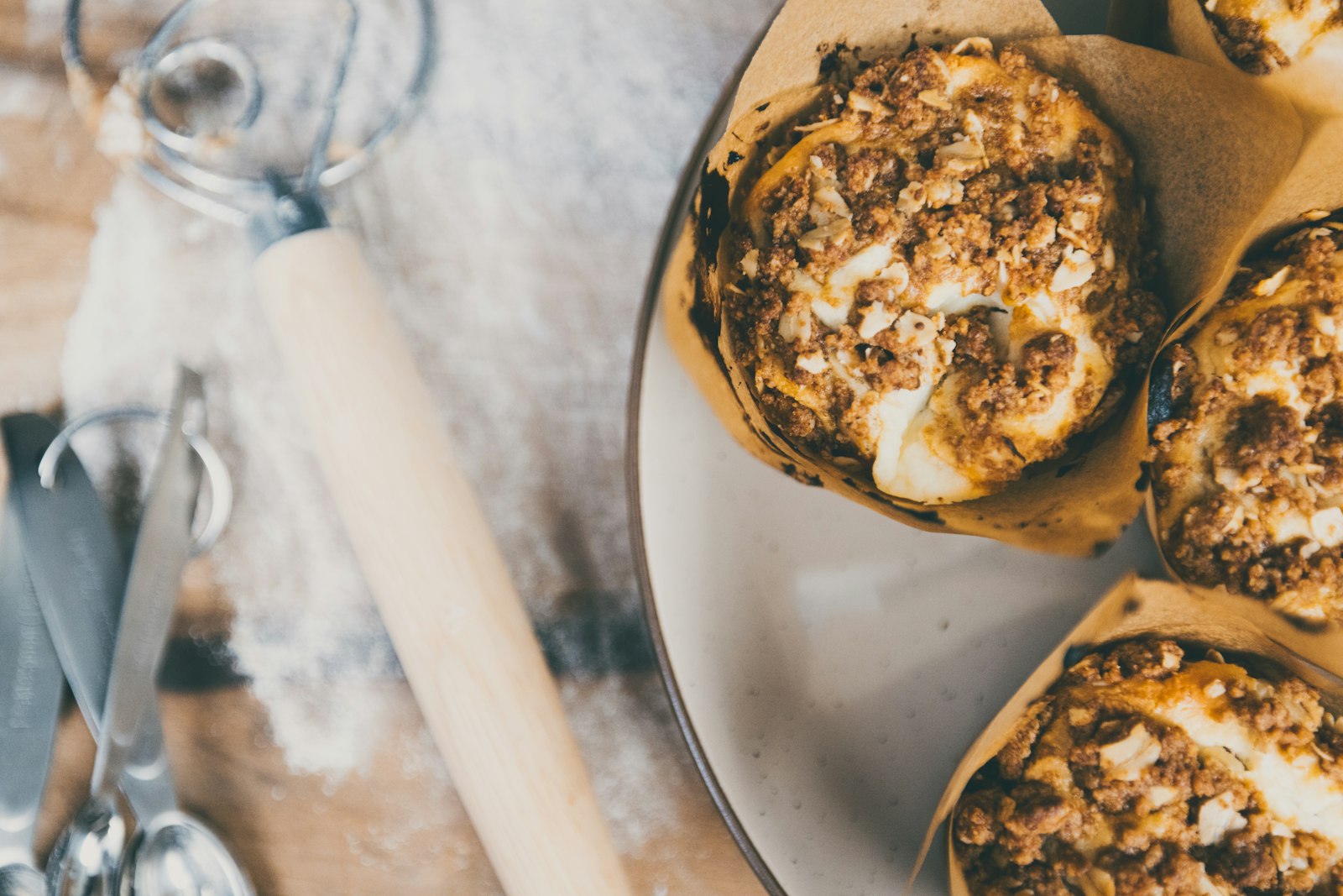 Crumb topped muffins in paper liners