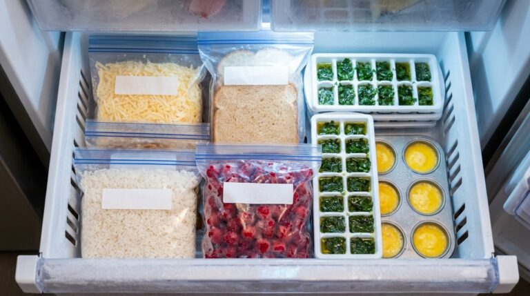Freezer hacks: a freezer drawer packed with flat bags of cheese, bread, rice and berries, herb cubes and frozen eggs