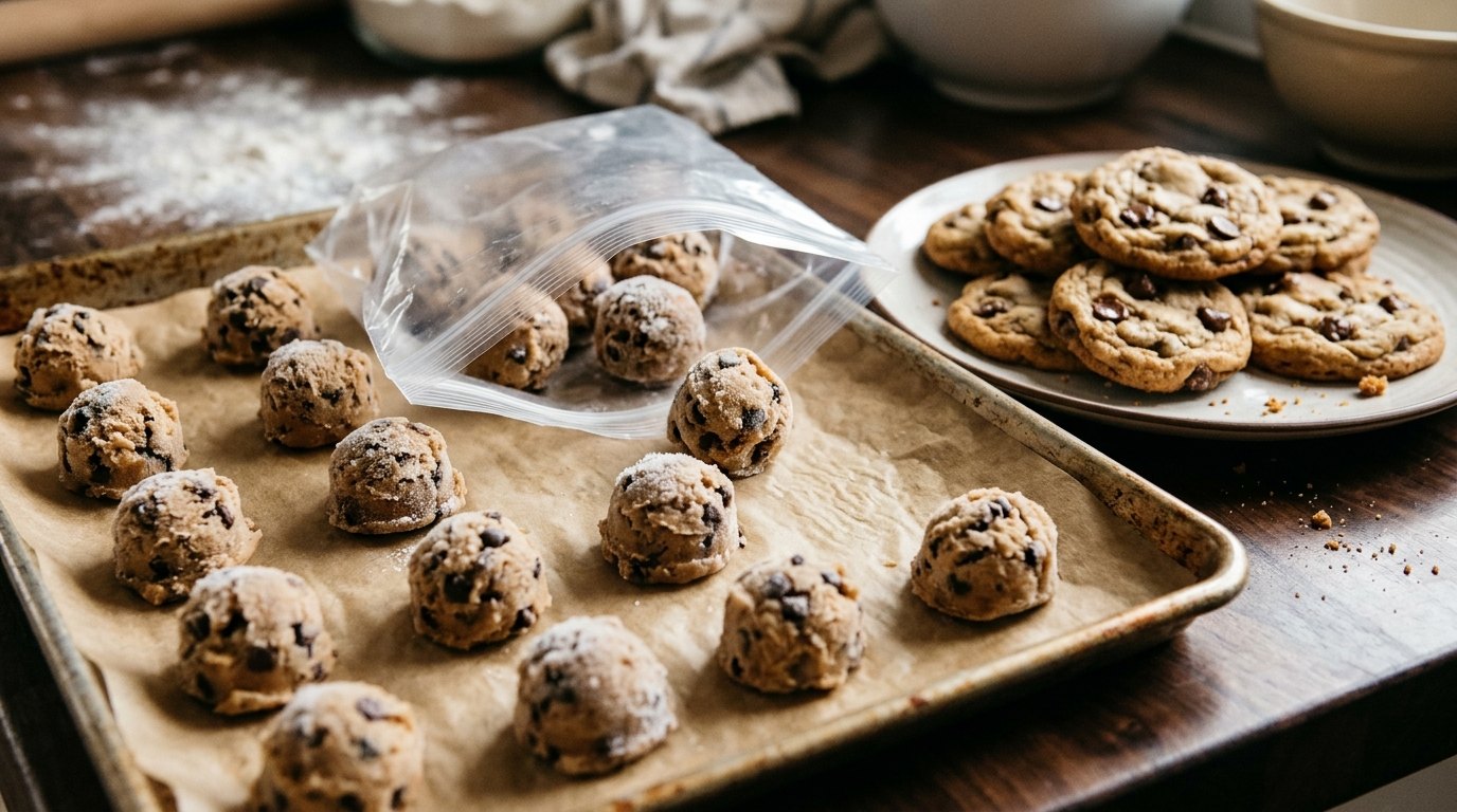 Freezer hacks: cookie dough balls frozen on a tray next to baked chocolate chip cookies