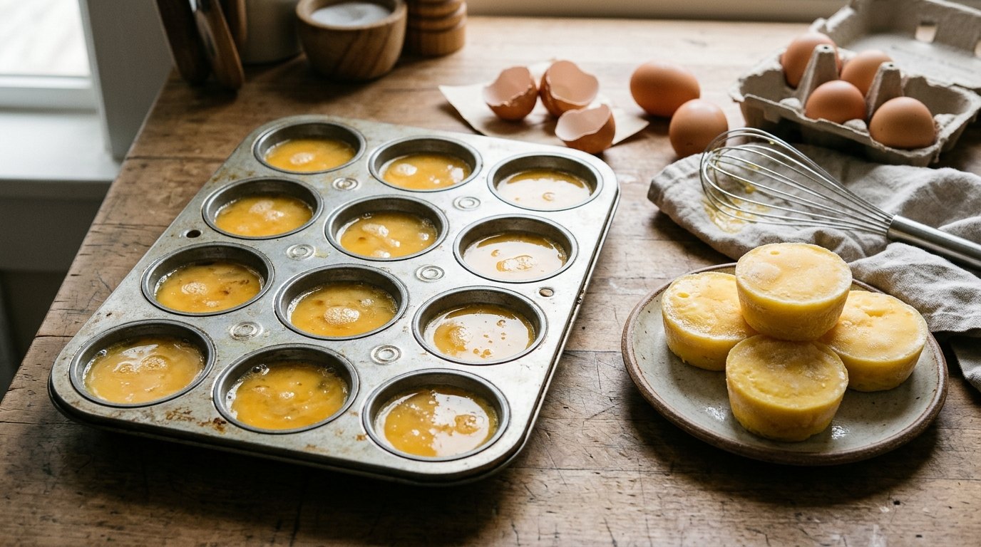 Beaten eggs in a muffin tin ready to freeze, with frozen egg portions on a plate