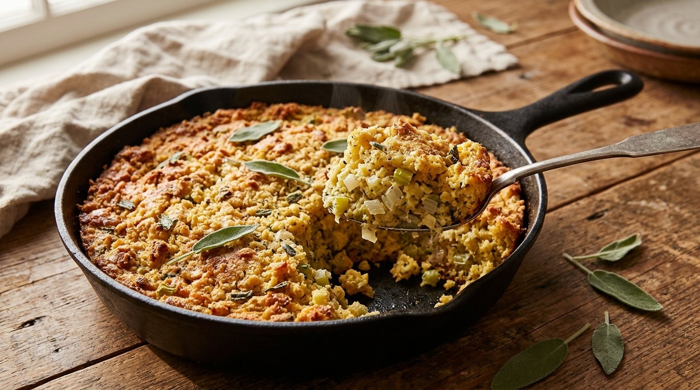 Southern cornbread dressing baked in a skillet