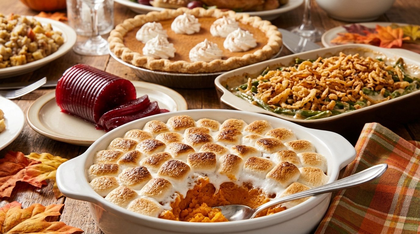 Thanksgiving foods: sweet potato casserole with toasted marshmallows, cranberry sauce and pumpkin pie