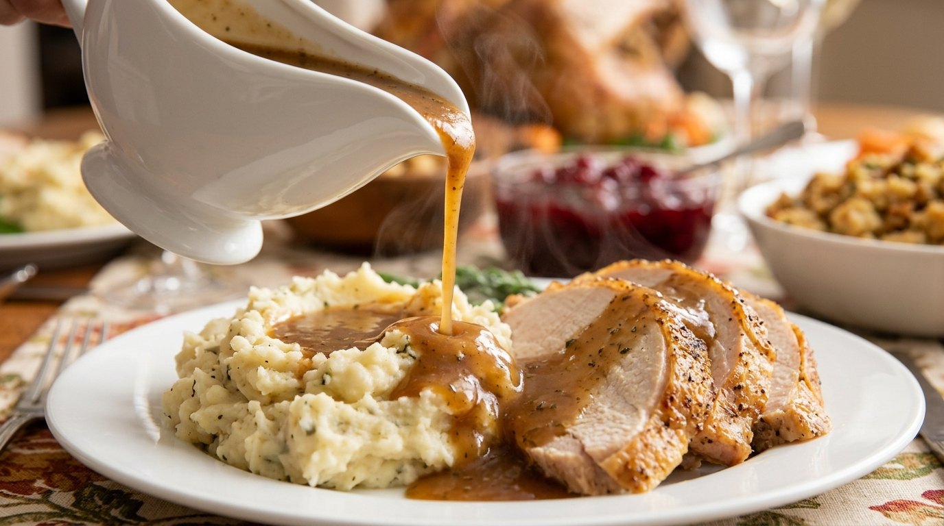 Turkey gravy poured over mashed potatoes and sliced turkey