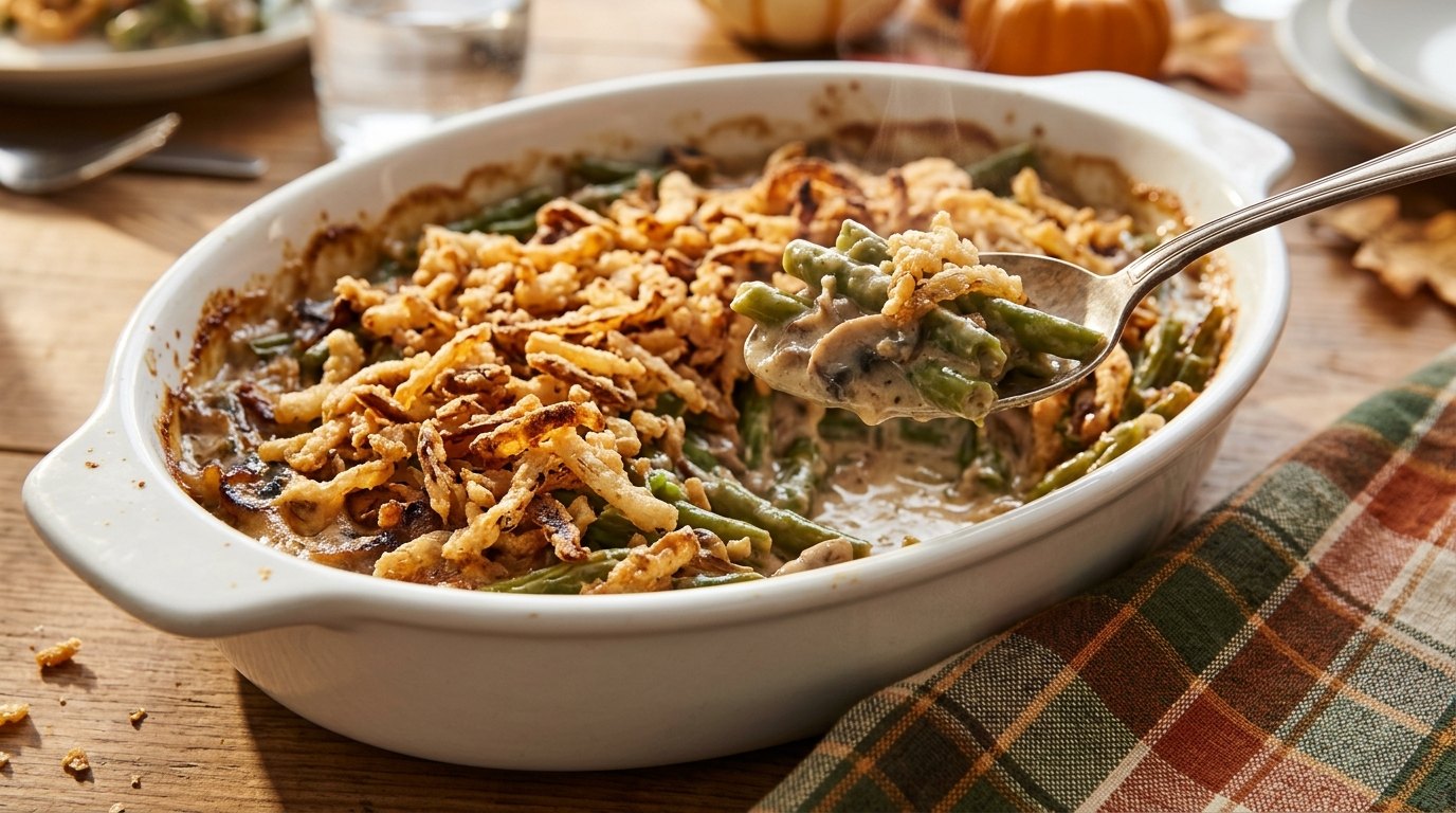 Green bean casserole topped with crispy fried onions