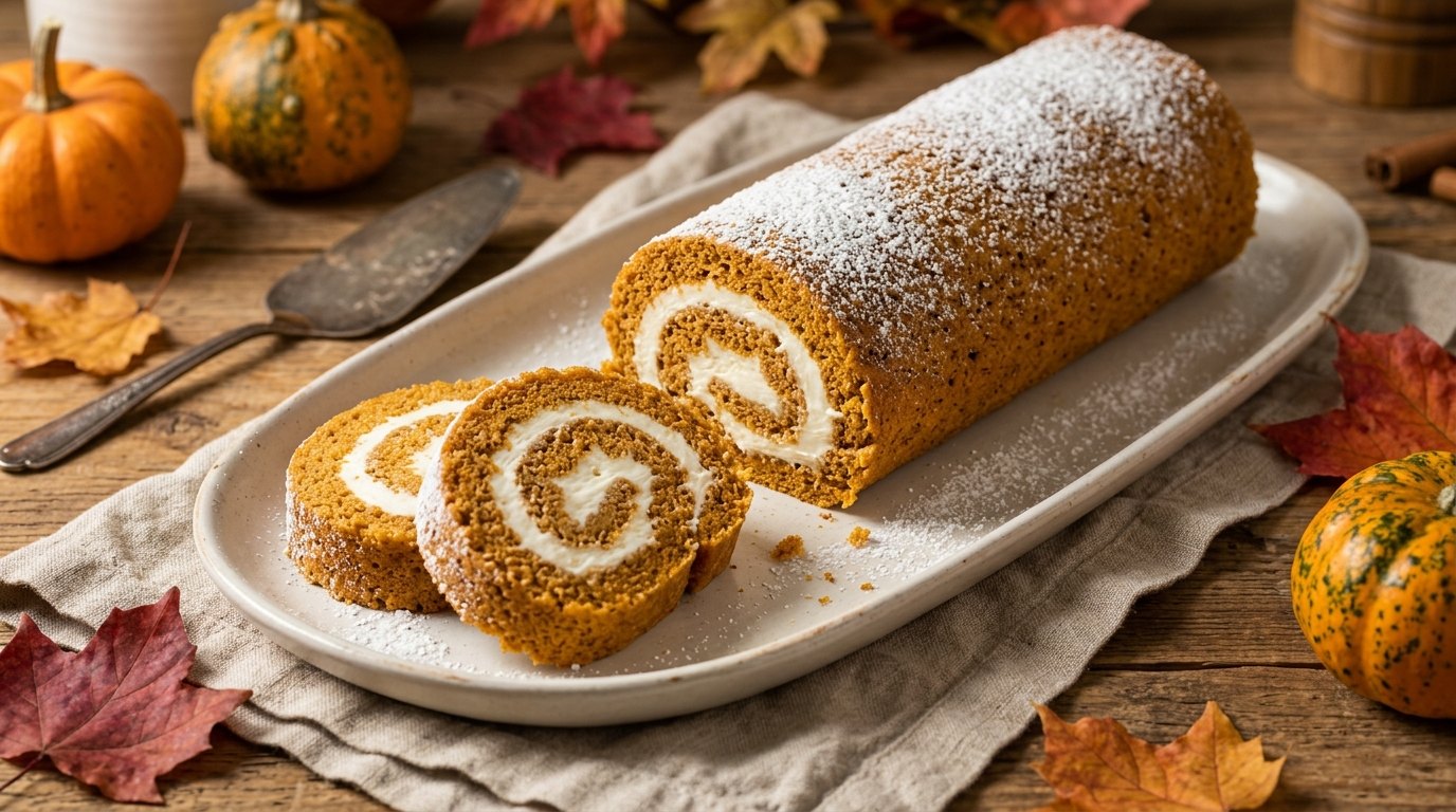 Thanksgiving foods: pumpkin roll cake with cream cheese filling