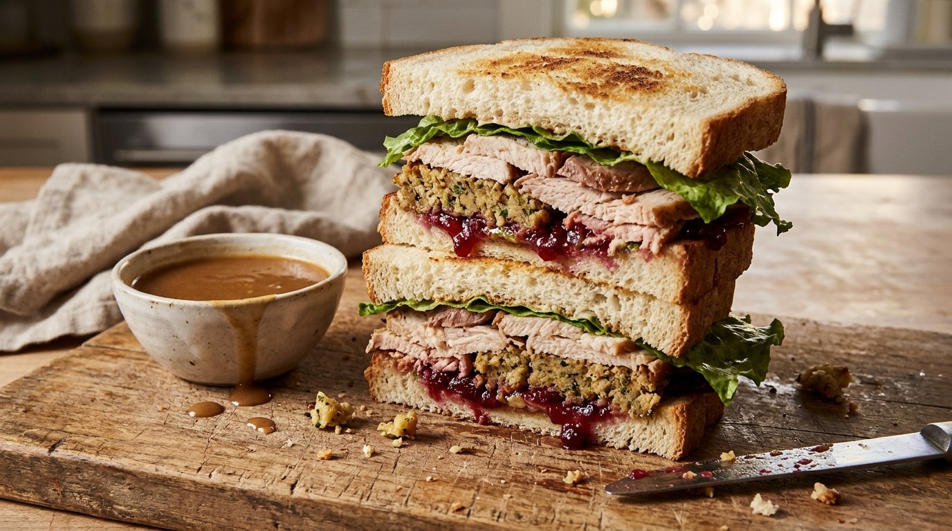 Thanksgiving foods: leftover turkey sandwich with stuffing and cranberry sauce