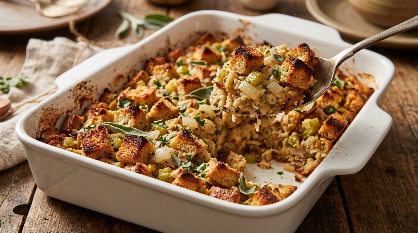 Baked bread stuffing with celery and sage in a white dish