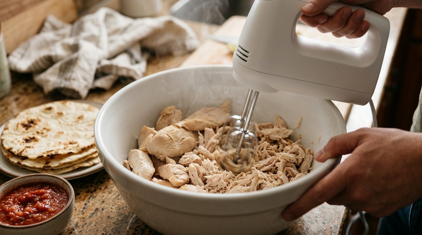 Shredding cooked chicken in a bowl with a hand mixer