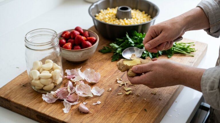 Kitchen prep hacks: garlic cloves peeled in a jar, ginger scraped with a spoon and corn in a bundt pan