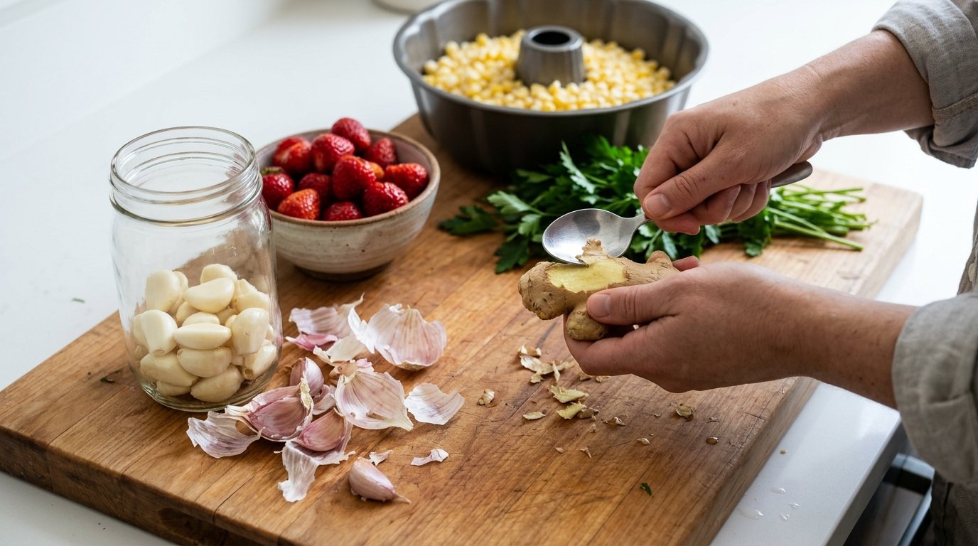 Kitchen prep hacks: garlic cloves peeled in a jar, ginger scraped with a spoon and corn in a bundt pan