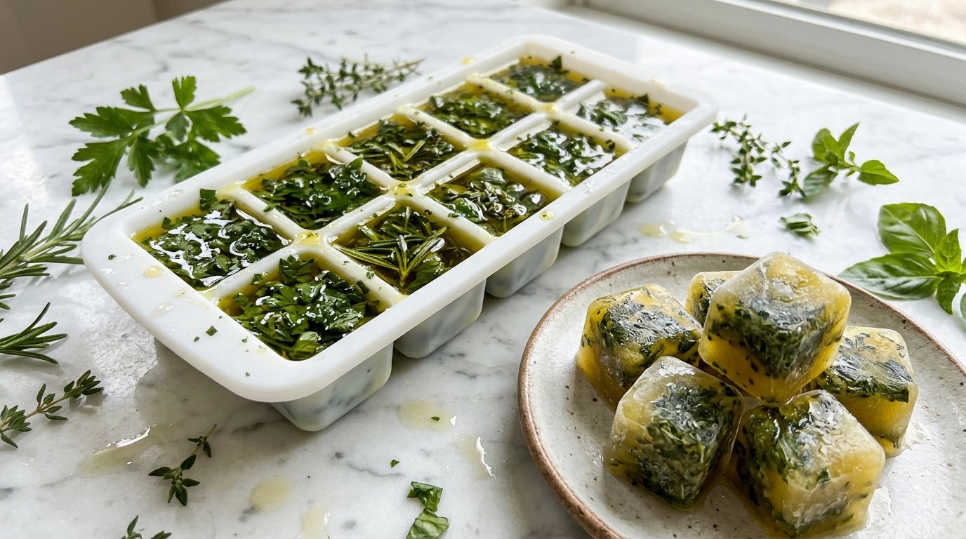 Kitchen prep hacks: chopped herbs frozen in olive oil in an ice cube tray