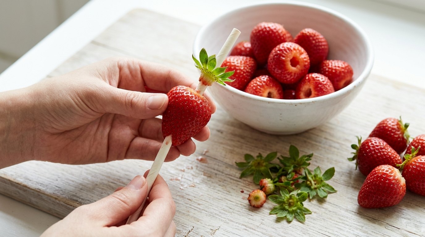 Hulling a strawberry with a straw