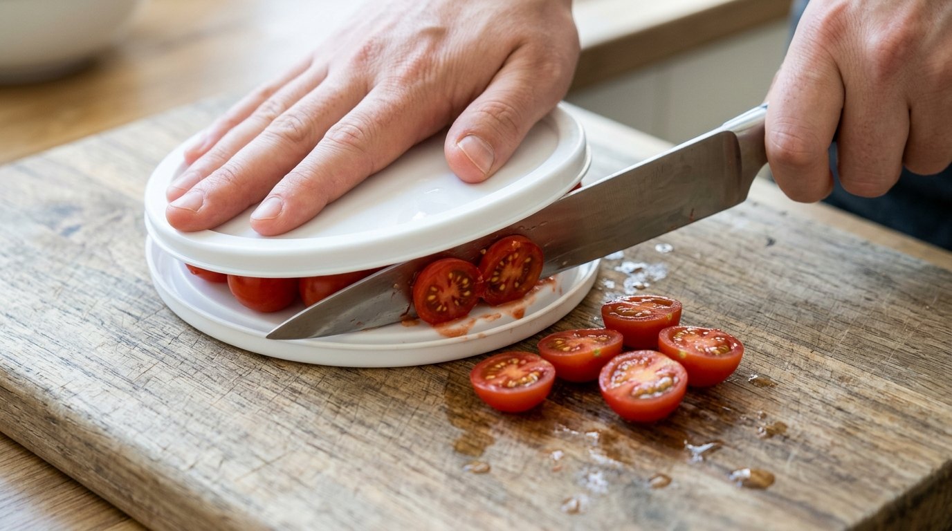Kitchen prep hacks: slicing cherry tomatoes between two lids