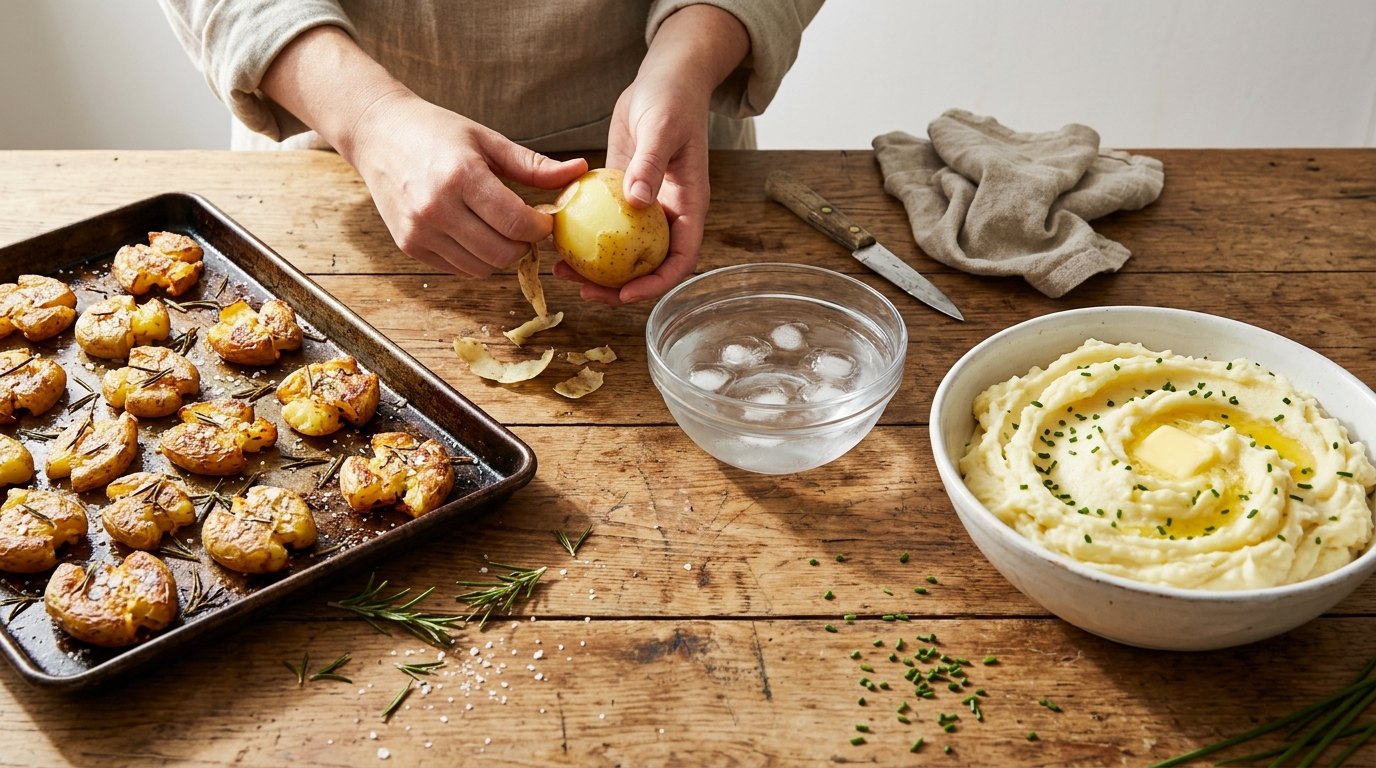 Potato hacks: crispy roast potatoes on a sheet pan, fluffy mashed potatoes and a potato being peeled