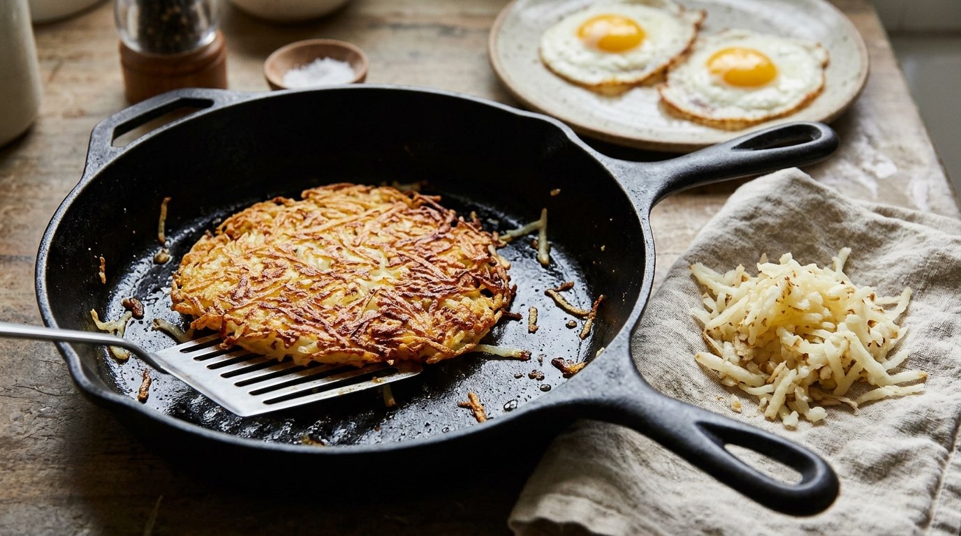 Potato hacks: a crispy hash brown in a skillet next to squeezed grated potatoes