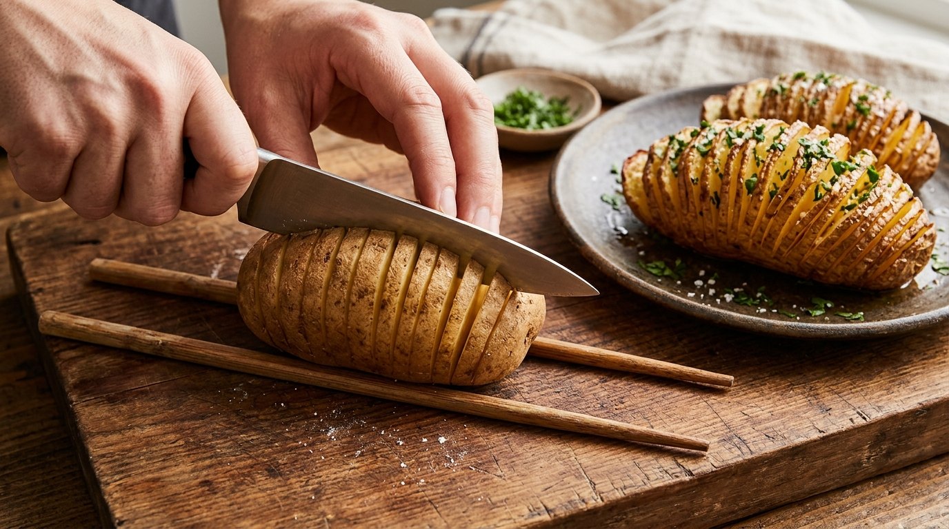 Potato hacks: slicing a hasselback potato between two chopsticks