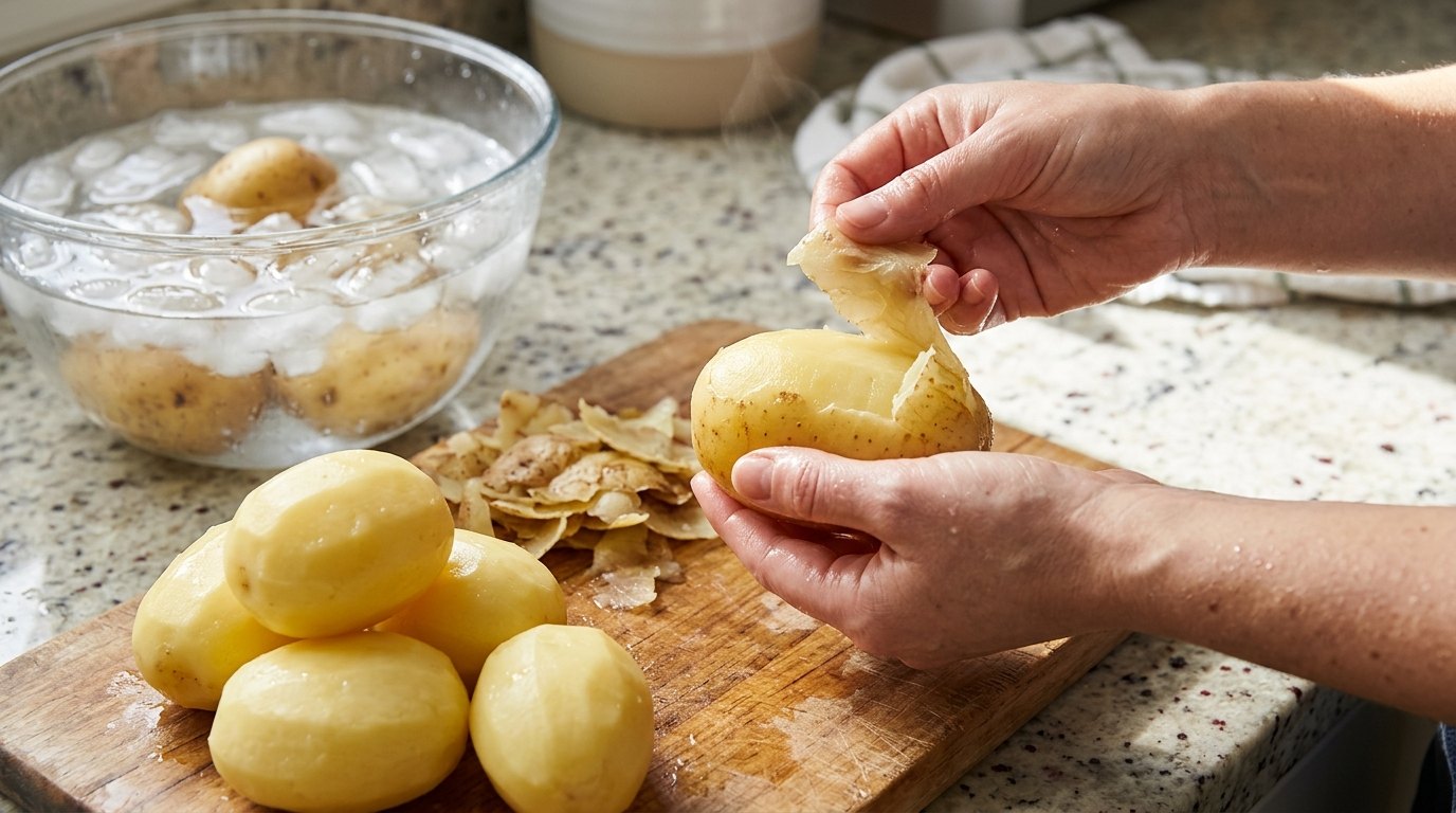 Potato hacks: slipping the skin off a boiled potato after an ice bath
