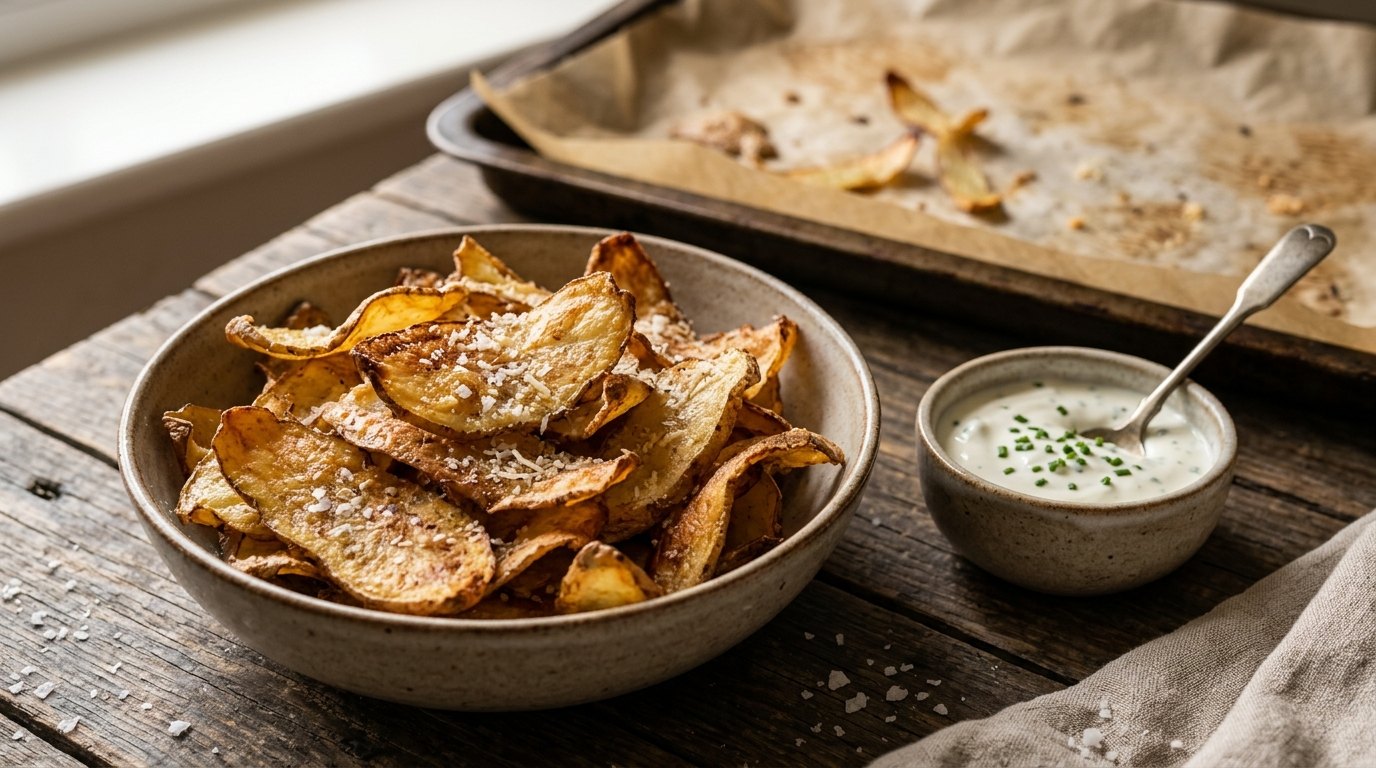 Crispy baked potato peel chips with parmesan and a sour cream dip