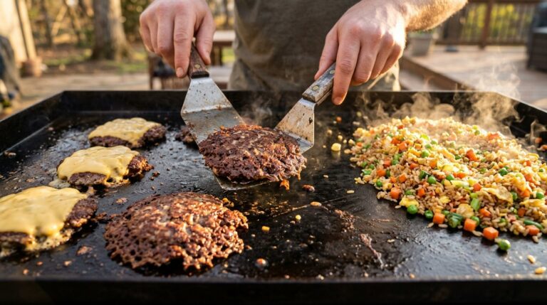 Griddle recipes: smash burgers with melted cheese and fried rice on a flat top griddle