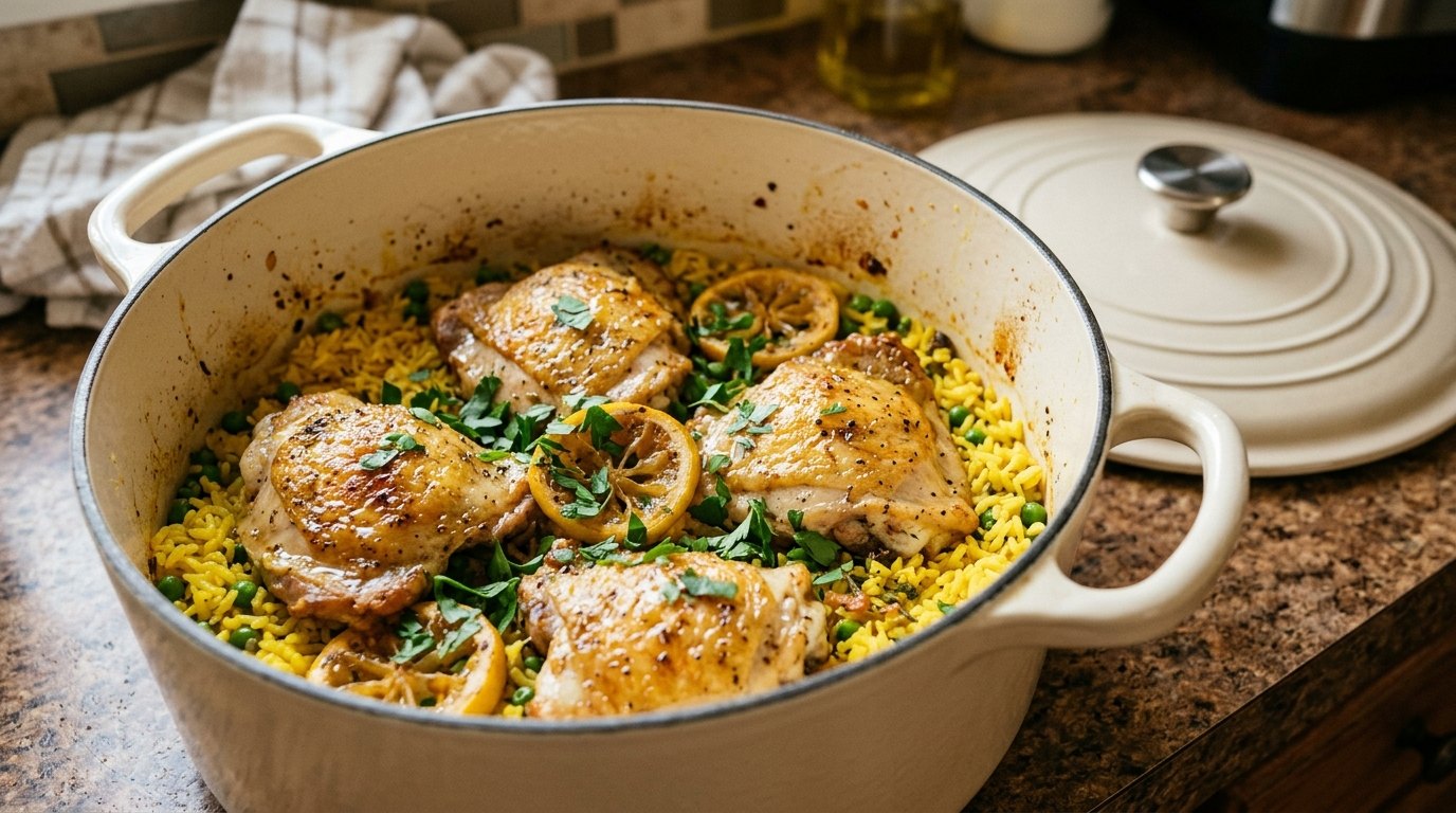 One-pot chicken and rice with lemon and peas in a Dutch oven
