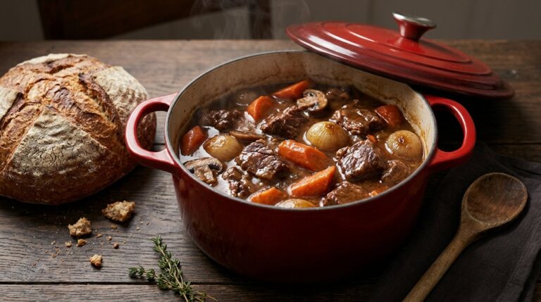 Dutch oven recipes: beef stew with carrots and pearl onions in a red Dutch oven with crusty bread