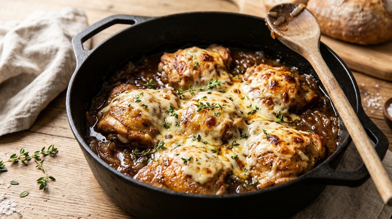 Dutch oven recipes: French onion chicken topped with melted Gruyere