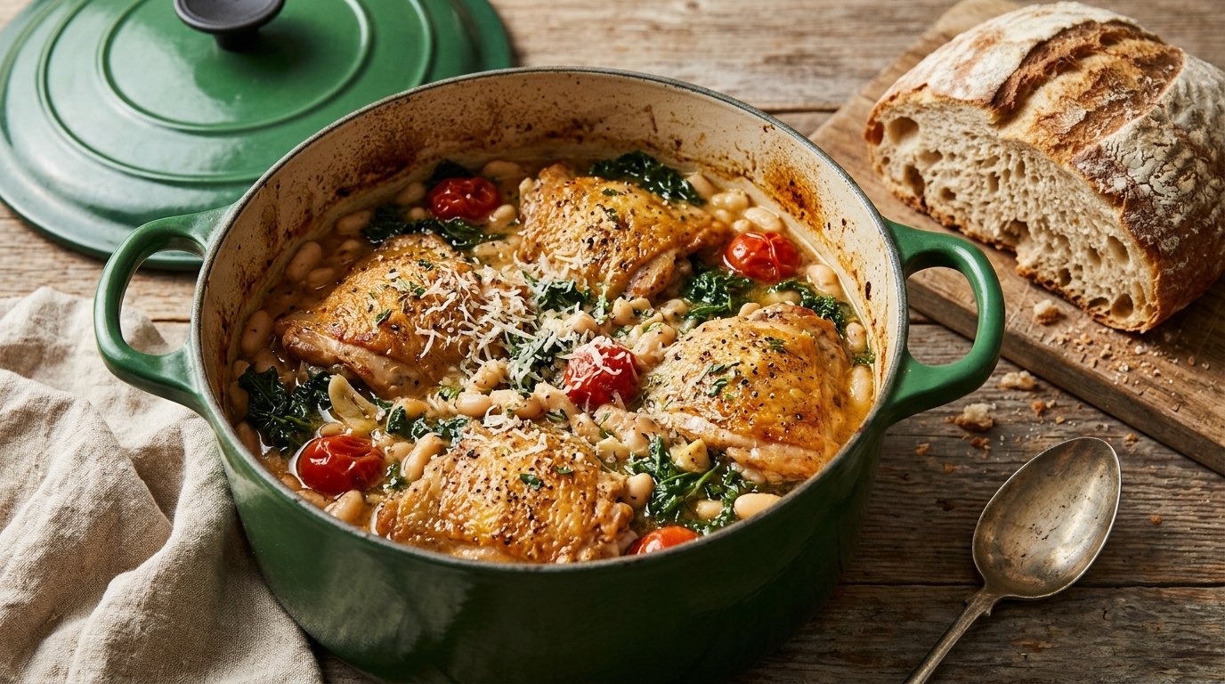 Dutch oven recipes: chicken thighs braised with white beans, kale and tomatoes