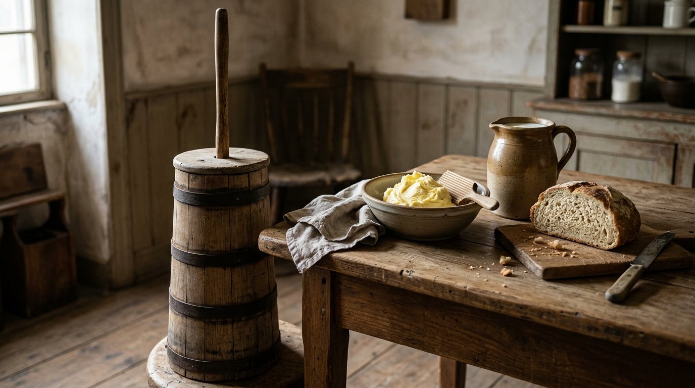 Vintage kitchen gadgets: an old wooden butter churn beside a bowl of homemade butter
