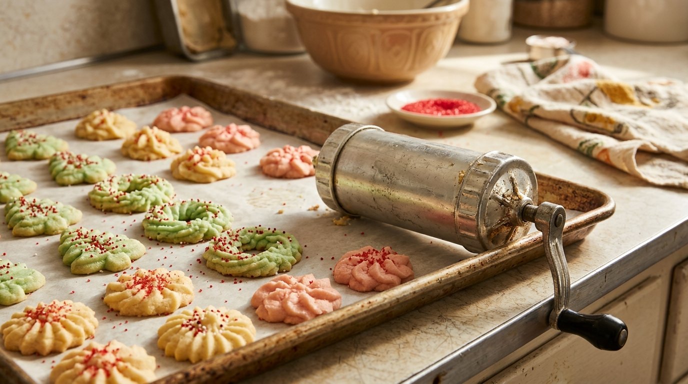 Vintage kitchen gadgets: a metal cookie press beside a tray of spritz Christmas cookies