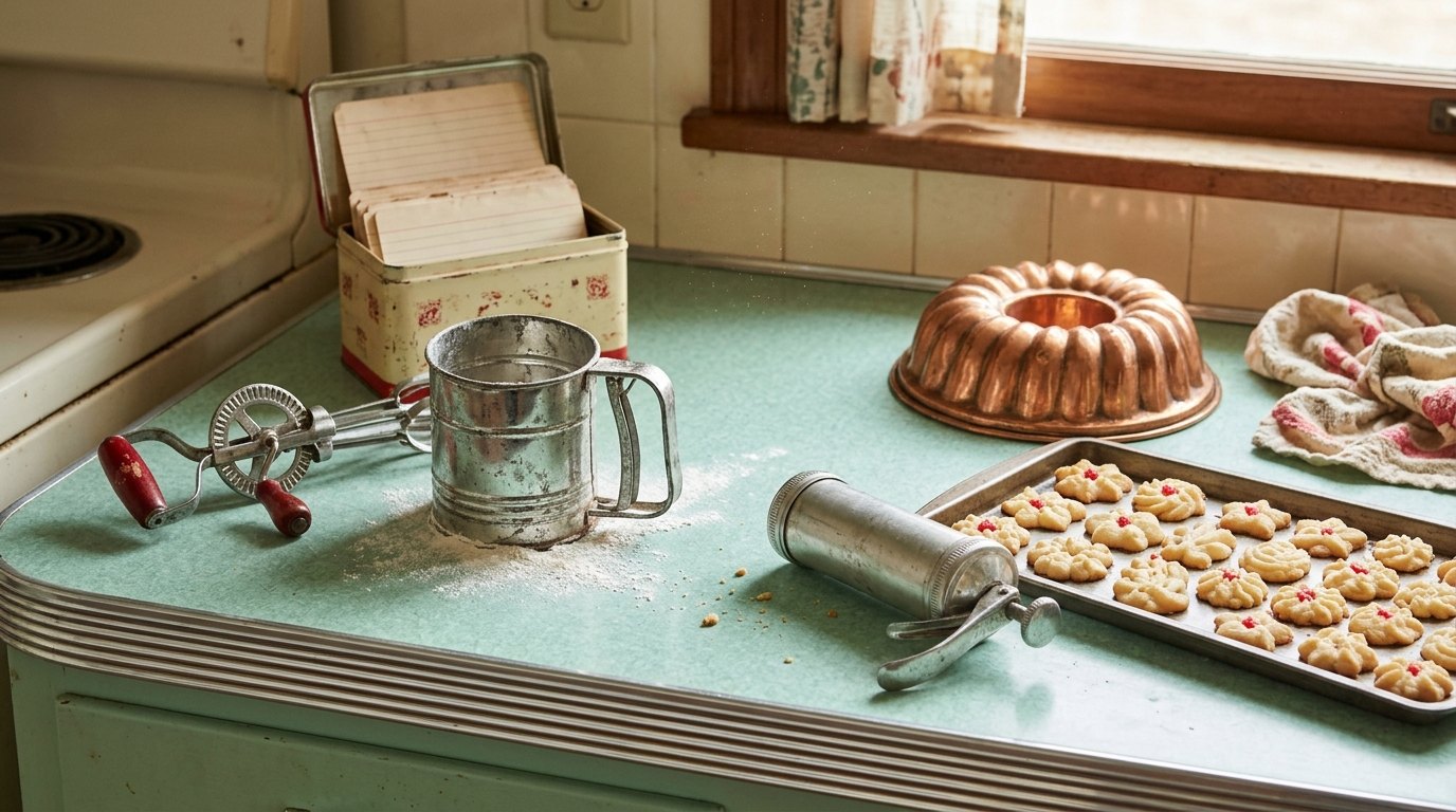 Vintage kitchen gadgets: an egg beater, flour sifter, cookie press, ring mold and recipe tin on a retro counter