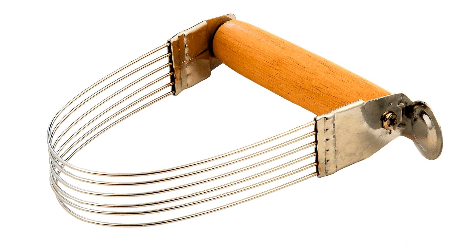 A vintage pastry blender with a wooden handle