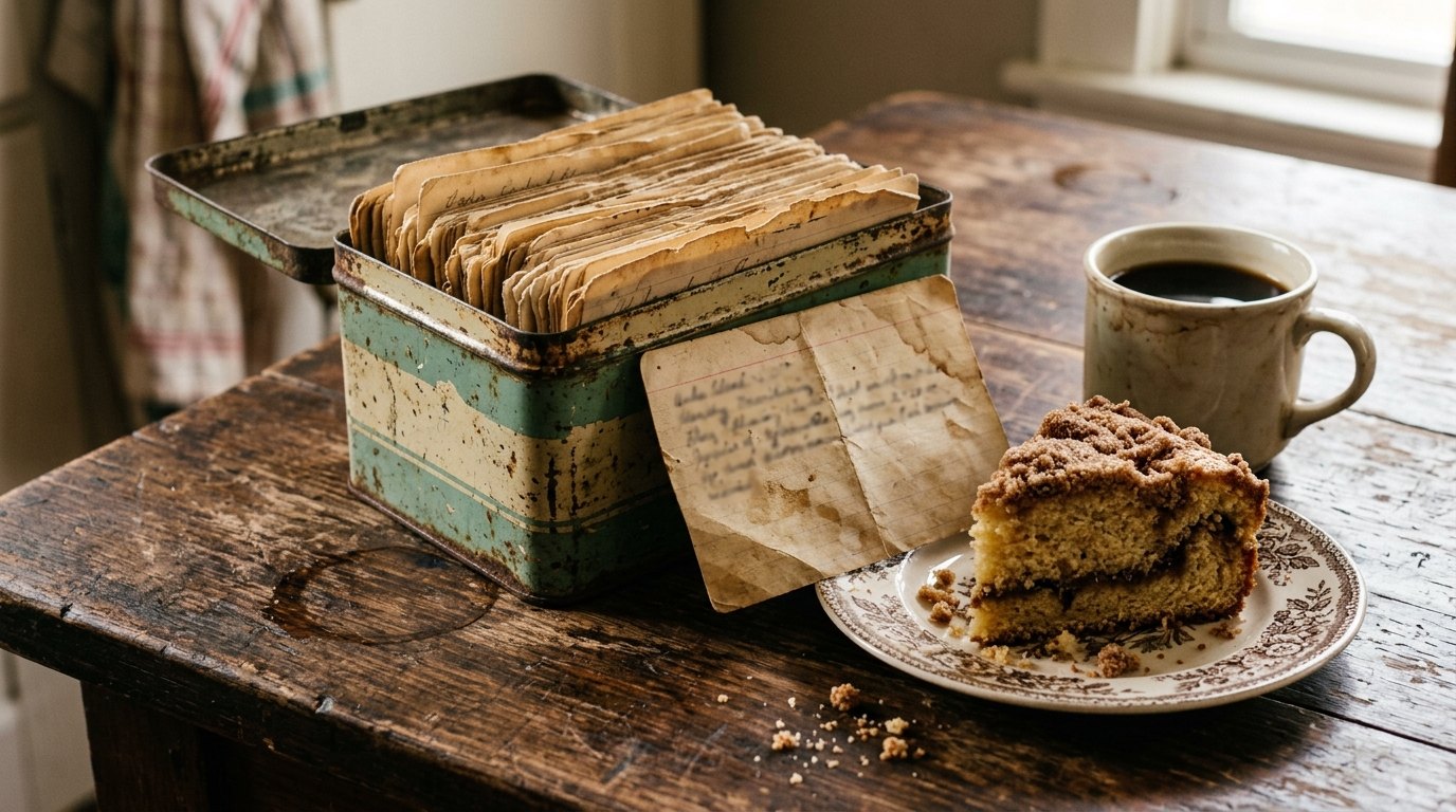 Vintage kitchen gadgets: an old recipe tin full of handwritten cards next to coffee cake