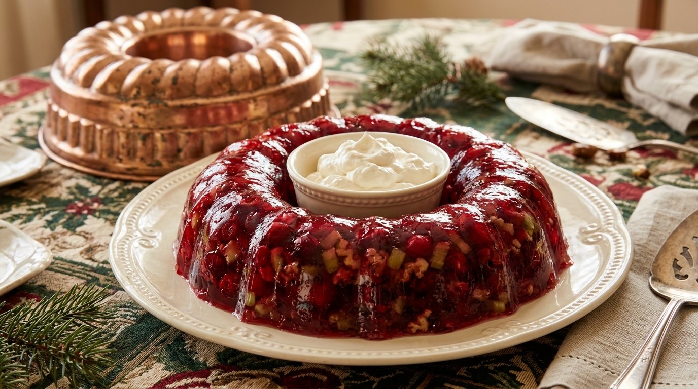 A cranberry gelatin ring salad next to a copper ring mold
