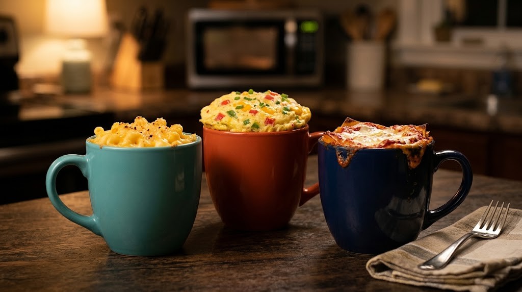 Mug meals: mac and cheese, a fluffy omelet and mini lasagna in three colorful mugs