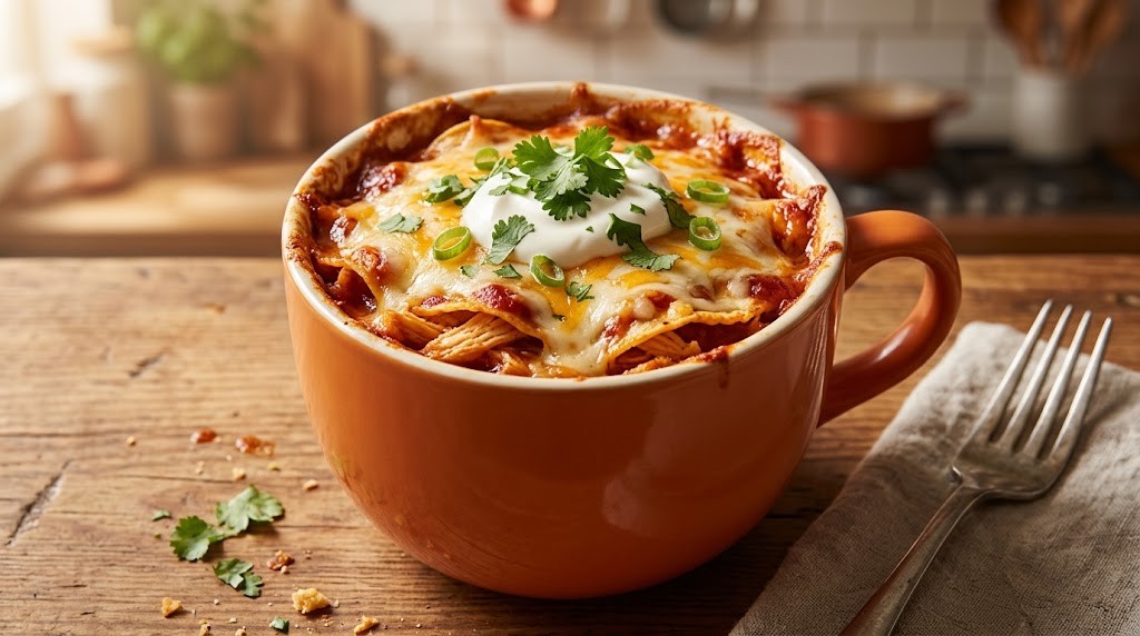Mug meals: a layered chicken enchilada with sour cream and cilantro in an orange mug