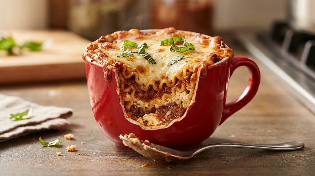 A mini lasagna with meat sauce and melted mozzarella made in a red mug