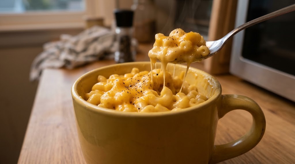 Creamy mac and cheese made in a yellow mug