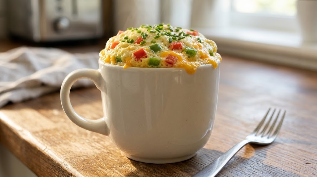 Mug meals: a fluffy microwave omelet with peppers and cheese in a white mug