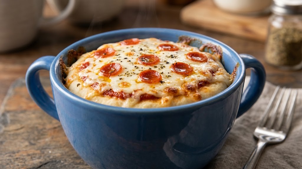 Mug meals: a mug pizza with mozzarella and mini pepperoni