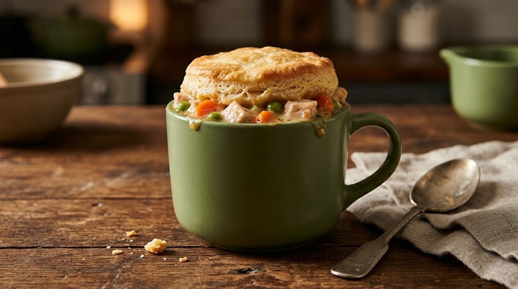 A mini chicken pot pie with a biscuit top in a green mug