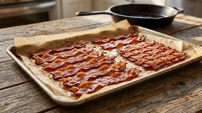 Bacon hacks: crispy oven-baked bacon strips on a parchment-lined sheet pan