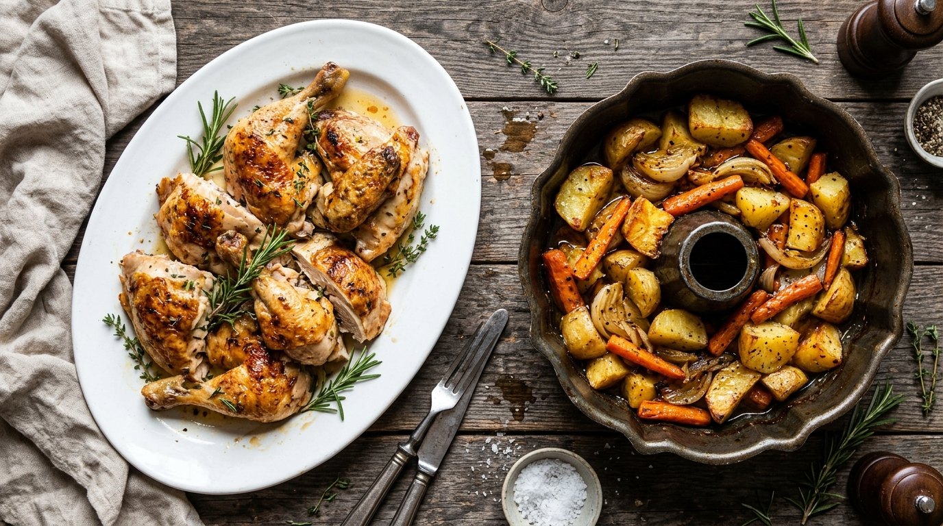 Carved roast chicken next to a fluted pan of roasted vegetables