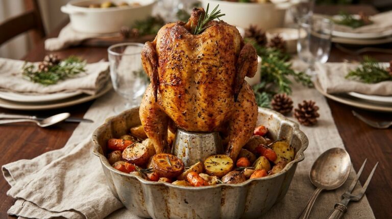 Bundt pan recipes: roast chicken standing on the center tube of a fluted pan with vegetables