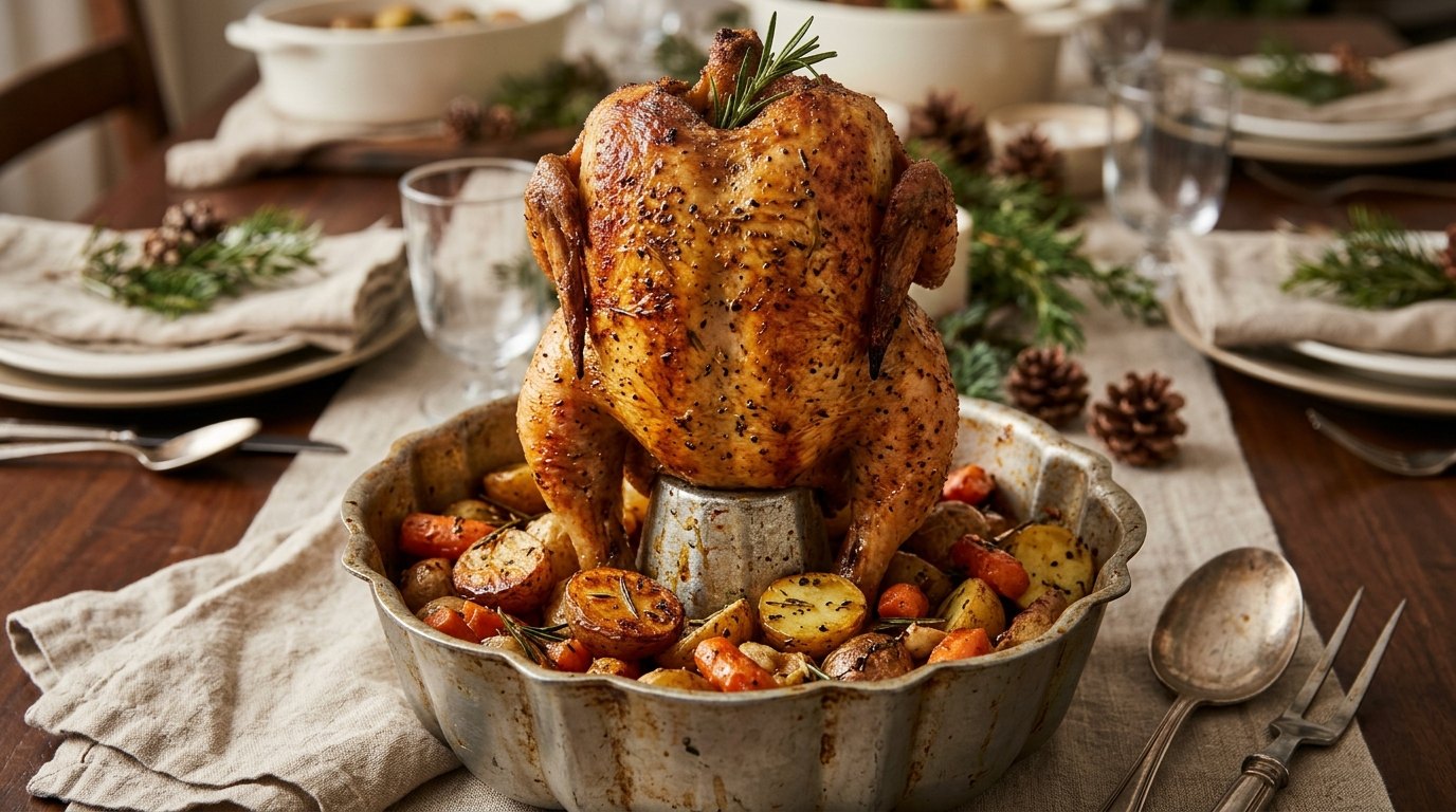 Bundt pan recipes: roast chicken standing on the center tube of a fluted pan with vegetables