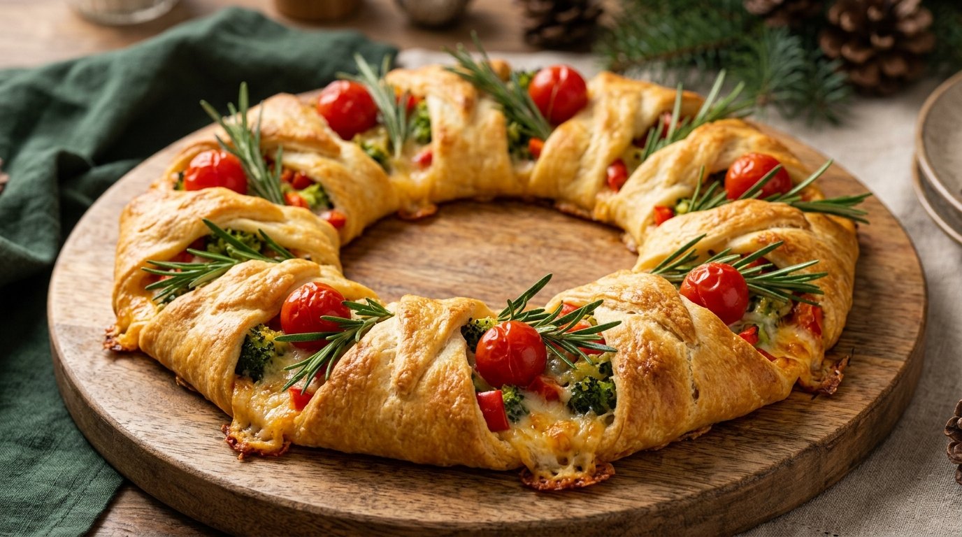 Crescent dough Christmas wreath appetizer with rosemary