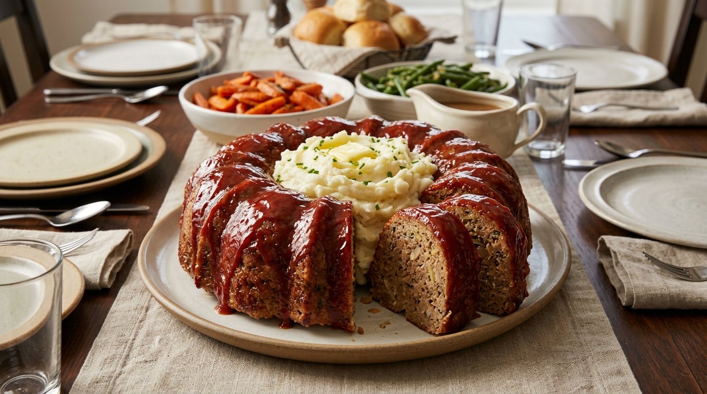 Bundt pan recipes: glazed meatloaf ring filled with mashed potatoes