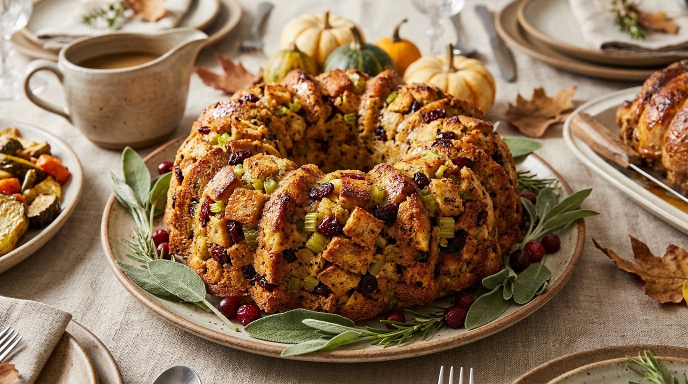 Thanksgiving stuffing ring with sage and cranberries